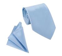 WedDecor Men’s Solid Sky Blue Satin Tie and Pocket Square Set - Classic Neck Tie & Handkerchief for Casual & Formal Wear, Business Meetings, Weddings, Proms, and Parties