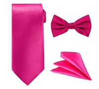 WedDecor Men's Solid Neck Tie, Bow Tie & Handkerchief Set For Wedding Party, Casual Classic Ties & Pocket Square Handkerchief Hanky Sets Gifts Necktie for Men, Hot Pink
