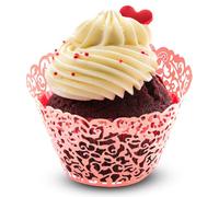 WedDecor Pink Cupcake Wrappers Laser Cut Pearlescent Floral Design Muffin Wrap Cases Paper Holders for Party Decoration, Wedding, Birthday, Events, 50pcs