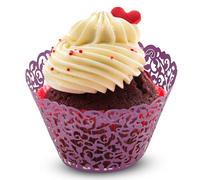 WedDecor Purple Cupcake Wrappers Laser Cut Pearlescent Floral Design Muffin Wrap Cases Paper Holders for Party Decoration, Wedding, Birthday, Events, 50pcs