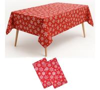 WedDecor Red Christmas Table Cloth 137cm x 274cm with Starry White Snowflakes, PVC Wipe Clean Table Protector, Waterproof Holiday Dining Cover for Xmas Parties, Winter Banquet & Home Decor - Pack of 2