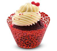 WedDecor Red Cupcake Wrappers Laser Cut Pearlescent Floral Design Muffin Wrap Cases Paper Holders for Party Decoration, Wedding, Birthday, Events, 25pcs
