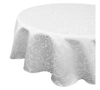 WedDecor Round Damask Tablecloth with an Overlay Branch Swirl Pattern, Seamless Circular Linen Table Cover, Party, Washable Tablecloth for Restaurant, Dining, Candlelight Dinner, White, 1pc