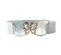 WedDecor Silver 60mm Wide Elastic Stretchable Women Waist Belt with Diamond Studded Golden Butterfly Buckle Cinch Obi Belt for Fashion Accessories, Halloween Dresses, Western Outfits, L Size