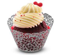 WedDecor Silver Cupcake Wrappers Laser Cut Pearlescent Floral Design Muffin Wrap Cases Paper Holders for Party Decoration, Wedding, Birthday, Events, 25pcs