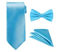 WedDecor Tie Sets For Men, Fancy Satin Necktie, Bowtie, and Pocket Square Handkerchief Solid Planin Colour, Wedding, Business, Casual and Party Wear, Aqua Blue