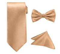 WedDecor Tie Sets For Men, Fancy Satin Necktie, Bowtie, and Pocket Square Handkerchief Solid Planin Colour, Wedding, Business, Casual and Party Wear, Champagne Gold