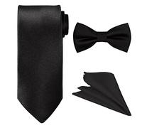 WedDecor Tie Sets For Men, Fancy Satin Necktie, Bowtie, and Pocket Square Handkerchief Solid Planin Colour, Wedding, Business, Casual and Party Wear, Black