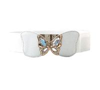 WedDecor White 60mm Wide Elastic Stretchable Women Waist Belt with Diamond Studded Golden Butterfly Buckle Cinch Obi Belt for Fashion Accessories, Halloween Dresses, Western Outfits, M Size