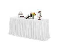 WedDecor White Table Skirt, 14 Feet Pleated Rectangle Polyester Stretchable Tablecloth Cover For Wedding, Dining, Birthday Party, Baby Shower, Restaurant, Banquet, and Special Events Table Decoration
