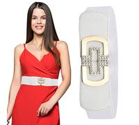 WedDecor Women’s Stretchable 60mm Wide White Waist Belt with Clip-on Clasp Rhinestone Buckle Wide Elasticated Band Cinch Corset Halloween Belt for Women Vintage Fashion Accessory for Ladies, L Size