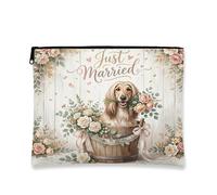 Wedding Afghan Hound Dog Makeup Bag, Floral Marriage Printed Cosmetic Travel Pouch for Women, Just Married Portable Small Canvas Zipper Organizer 7x9 Inch