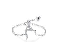 Wedding Anniversary Band, Funny Engagement Ring Adjustable Chain Arabic Alphabet Design with Round Moissanite 9K White Gold Size R 1/2