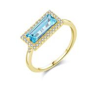 Wedding Anniversary Band, Funny Engagement Ring Gold Elegant with Blue Rectangle Shape Topaz 9K Yellow Gold Size T 1/2