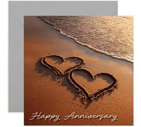 Wedding Anniversary Card for Him and Her, Romantic Hearts Drawn in Sand on Beach - Square Card, Blank Inside With Envelope