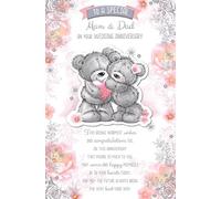 Wedding Anniversary Card for Mam and Dad, Large Format 27 x 18 cm, Grey Bear Design with Pink Floral