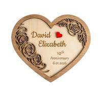 Wedding Anniversary Personalised Gift for Couple - Custom Wooden Heart Plaque with Engraved Names and Date - Rustic Anniversary Present and Decoration - Golden, Ruby, Pearl, Silver, 1st, 10th