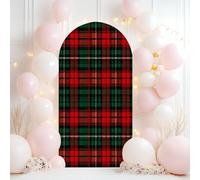 Wedding Arch Backdrop Cover 6.6FT Christmas Red Dark Green Black Tartan Plaid Seamless Rustic Xmas Spandex Fitted Arch Cover Round Top Stands Cover for Birthday Party Ceremony Banquet Decoration