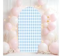 Wedding Arch Backdrop Cover 6.6FT Light Blue Gingham Check Fabric Texture Spandex Fitted Arch Cover Round Top Stands Cover for Birthday Party Ceremony Banquet Decoration