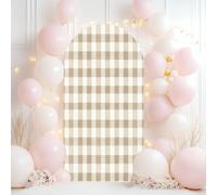 Wedding Arch Backdrop Cover 7.2FT Beige Gingham Pattern Seamless Pastel Check Plaid Beige White for Spandex Fitted Arch Cover Round Top Stands Cover for Birthday Party Ceremony Banquet Decoration