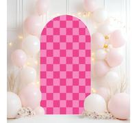 Wedding Arch Backdrop Cover 7.2FT Pink Checkered Board repeatable hot Pink Checkerboard Pattern veclor Spandex Fitted Arch Cover Round Top Stands Cover for Birthday Party Ceremony Banquet Decoration
