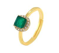Wedding Band for Women Halo, Vintage Engagement Ring 9K Yellow Gold Round with Green Square Shape Created Emerald Trendy Jewelry for Wife Size R 1/2