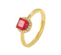 Wedding Band for Women Halo, Vintage Engagement Ring 9K Yellow Gold Round with Red Square Shape Created Ruby Comfort Fit Size J 1/2