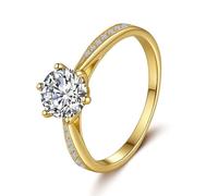 Wedding Band Gold 14K, Simple Engagement Ring 6 Prongs Round with 1ct Moissanite Au585 14K Yellow Gold Band Ring Size O 1/2
