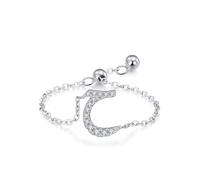 Wedding Band Ring, Promise Ring Band Adjustable Chain Arabic Alphabet Design with Round Moissanite White Gold Platinum Size S 1/2