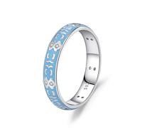Wedding Band Vintage, Promise Ring 925 Silver Blue Blue Drip Tape with Geometric Pattern with Round Shape White Cubic Zirconia Size R 1/2