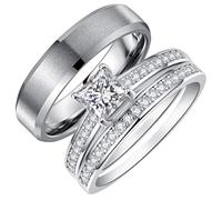 Wedding Bands for Couples Promise Rings for Him and Her Men's Tungsten Rings & Women's Rings Set with Princess Cut Cubic Zirconia Inlay