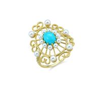 Wedding Bands Set, The Engagement Ring 14K Yellow Gold Luxury Hollow Flower Turquoise with Pearl Size O 1/2