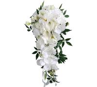 Wedding Bouquet for Bridal, Teardrop Bridal Bouquet Cascading Artificial Rose Bouquet for Bride Holding Wedding Centerpiece Decor White and Green, 9.8x21.6 Inch
