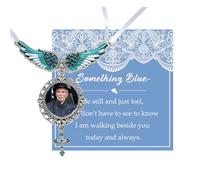 Wedding Bouquet Photo Charms Something Blue for Bride Guardian Angel Wings DIY Photo Frame Bride Bouquet Charm with Cross & Message Card, Memorial Bridal Bouquet Picture Charm for Deceased Loved One