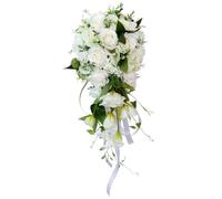 Wedding Bouquet Teardrop Bridal Bouquet Cascading Artificial Rose Bouquet for Bride Holding Wedding Centerpiece Decor White and Green, 9.1x21.7 Inch