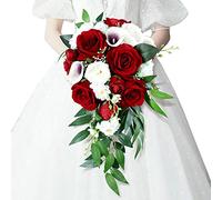 Wedding Bouquets for Bride, 10 Inch White Wine Red Calla Lily and Rose Artificial Toss Bouquet Wedding Outdoor Rustic Waterfall Cascading Bridal Bouquets for Wedding Ceremony and Anniversary
