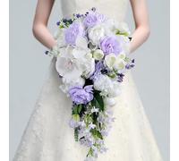 Wedding Bouquets for Bride - Artificial Purple Rose Teardrop Cascade Bouquet, Elegant Bridal Bouquet for Wedding Ceremony, Party, and Home Decoration,White+purple