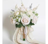 Wedding Bouquets for Bride Bridesmaid, White Champagne Artificial Roses Flowers with Ribbon Bow for Wedding Prom Church Decoration, Ceremony, Anniversary EZsenses (8in)