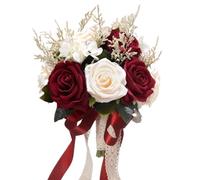 Wedding Bouquets for Bride Bridesmaid,White Champagne Red Burgundy Rose Artificial Fake Silk Flowers Bridal Bouquets for Wedding With Ribbon Boho Rustic Church Decoration Toss Bouquet (8.6in(M))