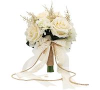 Wedding Bouquets For Bride, Champagne White Rose Bridal Bouquets For Bride With Silk Ribbon, Artificial Flower Bouquet For Wedding, Bridesmaid Bouquets For Valentine's Day Ceremony Church Decor