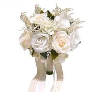 Wedding Bouquets For Bride, Champagne White Rose Bridal Bouquets For Bride With Silk Ribbon, Artificial Flower Bouquet For Wedding, Bridesmaid Bouquets For Valentine's Day Ceremony Church Decor
