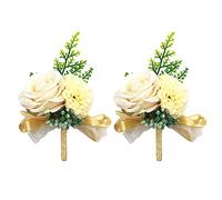 Wedding Boutonniere, Rose Boutonniere, Silk Flower Boutonniere for the Bride, Bridegroom, Flower Girl and Guests, Colour: Champagne, Pack of 2
