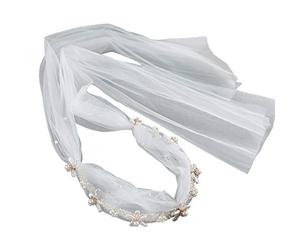 Wedding Bridal Headband with Mesh Veil Faux Crystal Chain Pearl Flower Hair Hoop Die Cuts Words