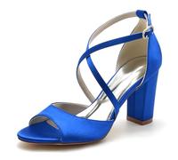 Wedding Bridal Shoes Women's Chunky Block Heels Open Toe Ankle Strap Heeled Sandals High Heels Satin Bridal Shoes 8.5Cm,Royal Blue,5 UK