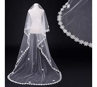 Wedding Bridal Veil Delicate Lace Trim Delicate Flowers for Rim Layer Long Drop Tulle Cathedral-Length Chapel-Veils