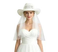 Wedding Bridal Veil Straw Sun Hat Sparkly Rhinestone Pearl BRIDE Outdoor Beach Western Wedding Bridal Shower Cowboy Cowgirl Hat Headwear with 2-Tier White Veil, Bride To Be Hen Party Cap Gift