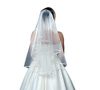 Wedding Bridal Veil with Comb Short Lace Simple Bride Veil 2-Tier Tulle Short Veil Satin Edge Women Girls Headpiece Party Accessories Costume Dress Up for Bridal Shower Bachelorette Hen Party