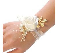 Wedding Bridal Wrist Corsage Stain Silk Rose with Pearl Accessories Bridesmaid Bracelet Pearl DIY Wrist Flower Artificial for Wedding Dance Party Decor
