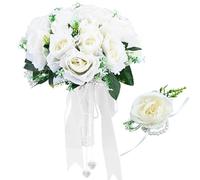 Wedding Bride Bouquet and Wrist Flower Artificial Roses Flowers Holding Flowers Bouquet Silk Roses Real Touch Fake Roses Flowers Bouquet Romantic Bouquet for Home Wedding Party Decoration (White A)