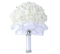 Wedding Bride Bouquet Holding flowers Crystal Diamond Foam Roses Holding flowers with Beautiful Ribbon Bridal Bridesmaid Wedding Bouquet Artificial Silk Flowers Hand Holding (White)